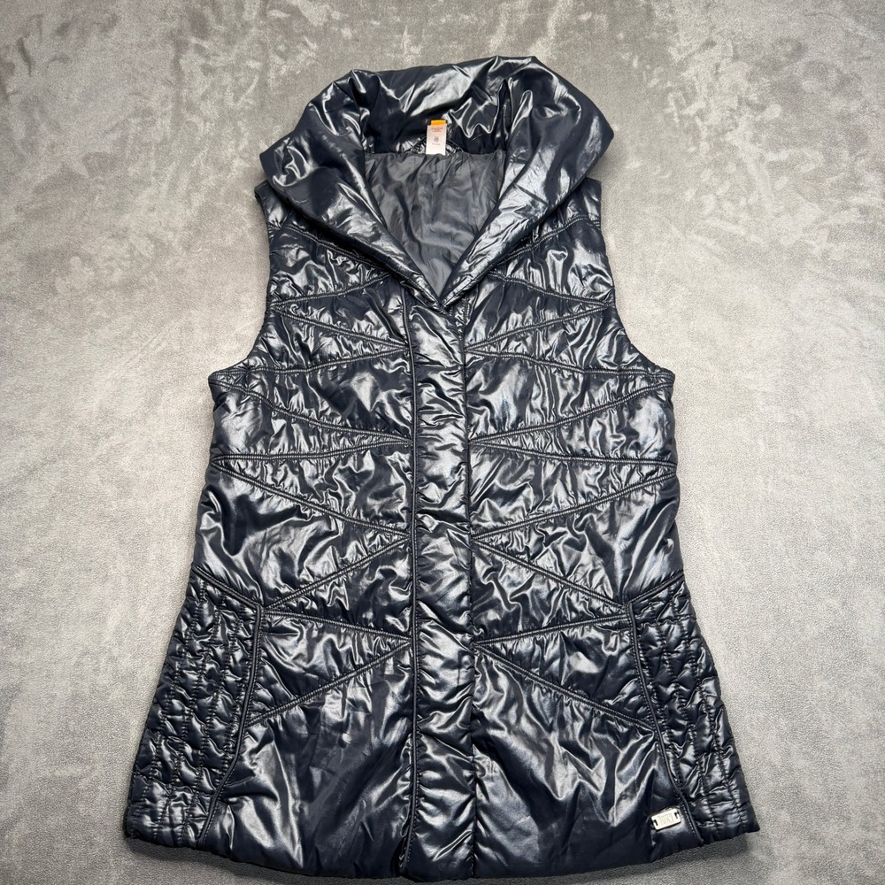 Lucy Puffer Vest Womens Sz S Black Shiny Quilted Snap Front Funnel Neck Athletic